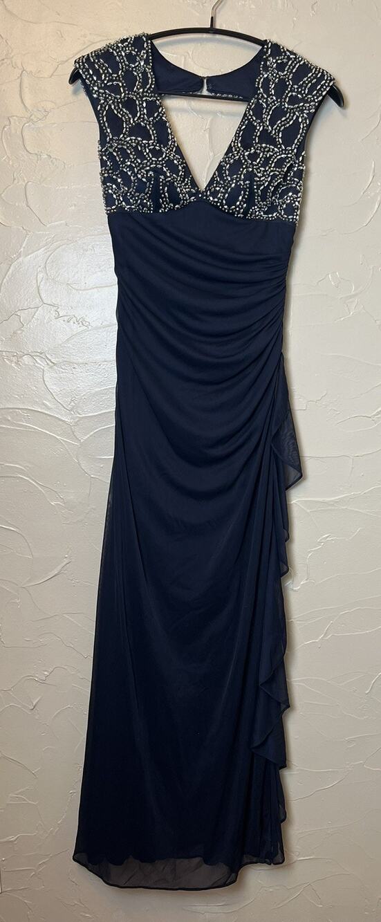 Betsy & Adam Navy Blue Sequin Beaded Bodice Gown Ruched Dress Size 4